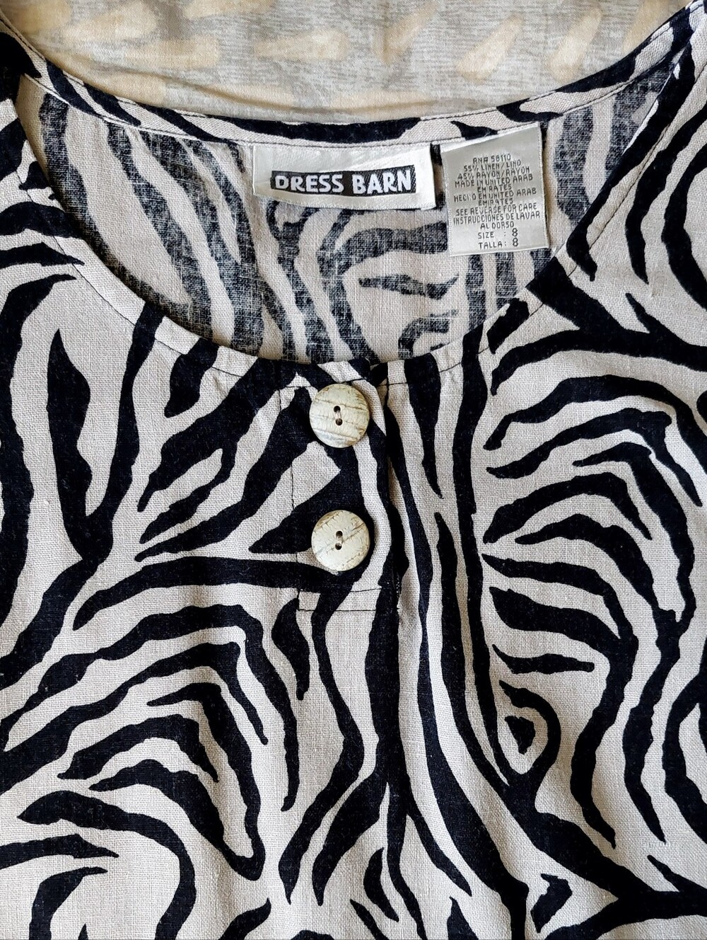 Dress Barn Zebra Print Button-Front Top - Black and Cream Sleeveless Top Size 8